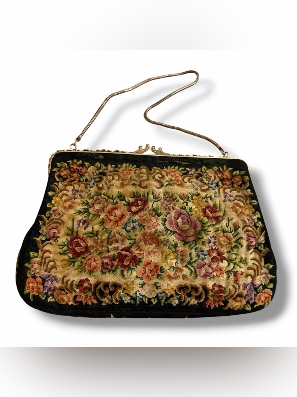 Antique Petit Point Needlepoint Tapestry Handbag